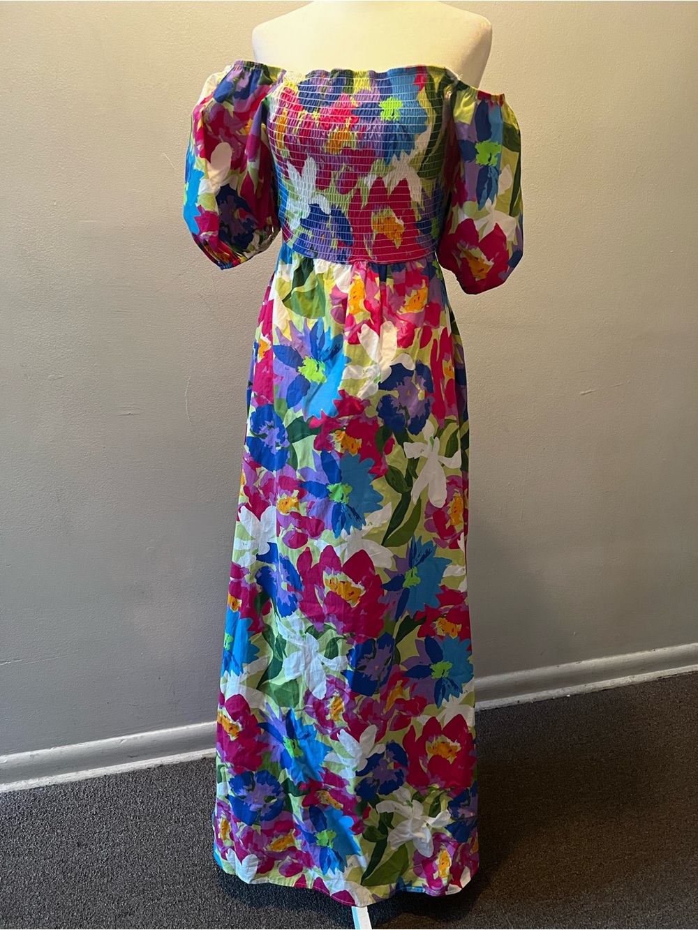 Peach Love California Off-Shoulder Floral Maxi Dress in Pink, Blue, Green, White